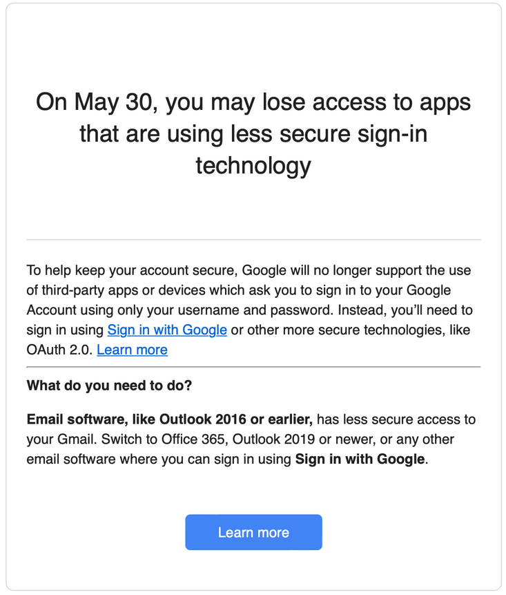 You may have noticed your Gmail has stopped working with Outlook or other applications, that's due to Google tightening up their security and no longer supporting-party apps. If this has happened to you, let us know and we can get up and running again. #IT #Lichfield #Gmail