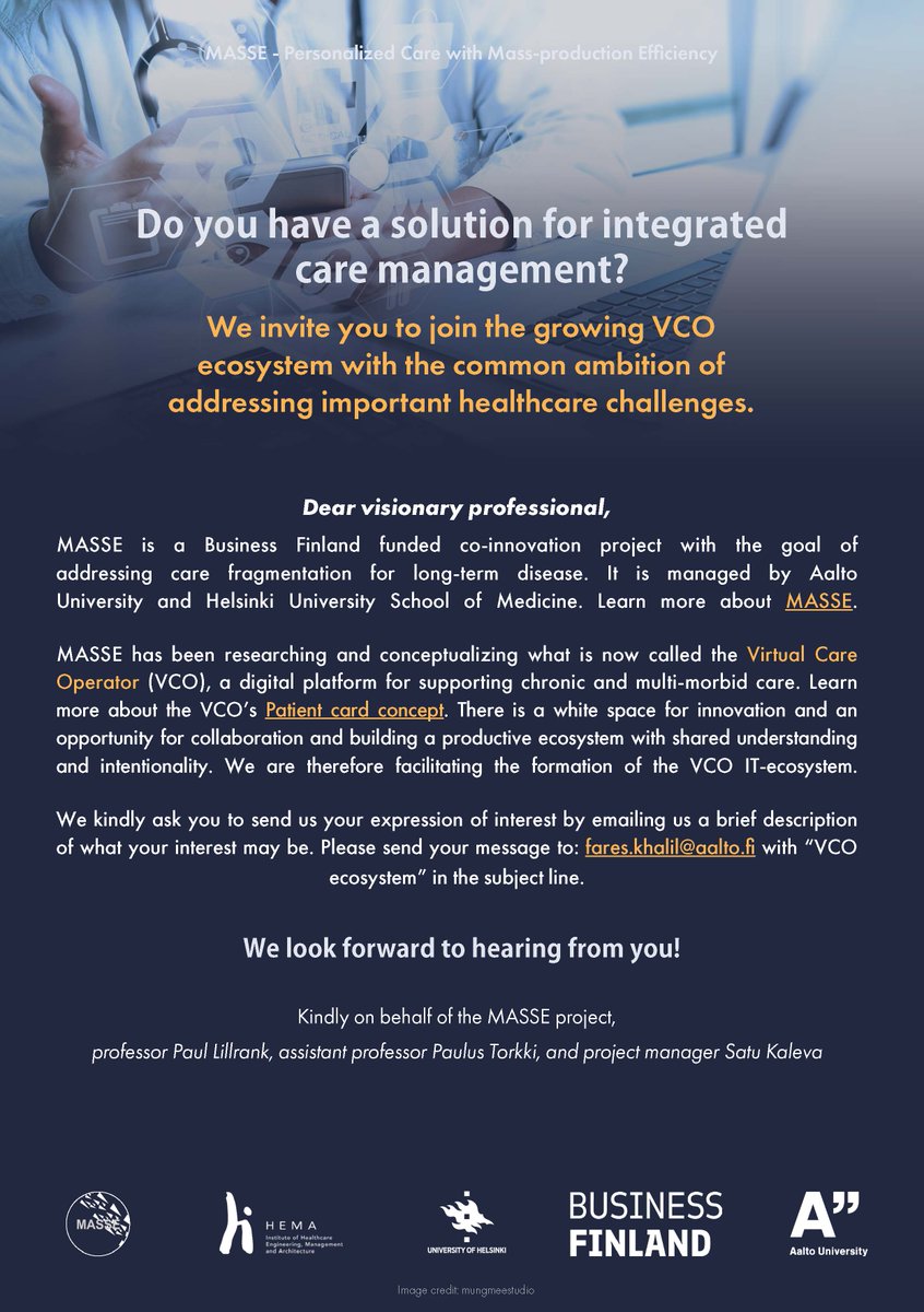 Do you have a digital solution for integrated care management?

MASSE has been conceptualizing the Virtual Care Operator to address care fragmentation and is facilitating the IT ecosystem formation. We invite you to join the growing ecosystem. Looking forward to hearing from you!