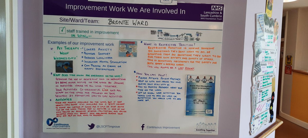 BronteWard01's tweet photo. That's our QI board completed with work that's on going and all that's reflected on restrictive practise &amp; the effect our PAT dog #minnie has on our service users. We are here still learing from each other so thankyou #ribbleward for their ideas @kayprof @jo_blofeld 🦋 @natski89 https://t.co/31DOGVwoTc