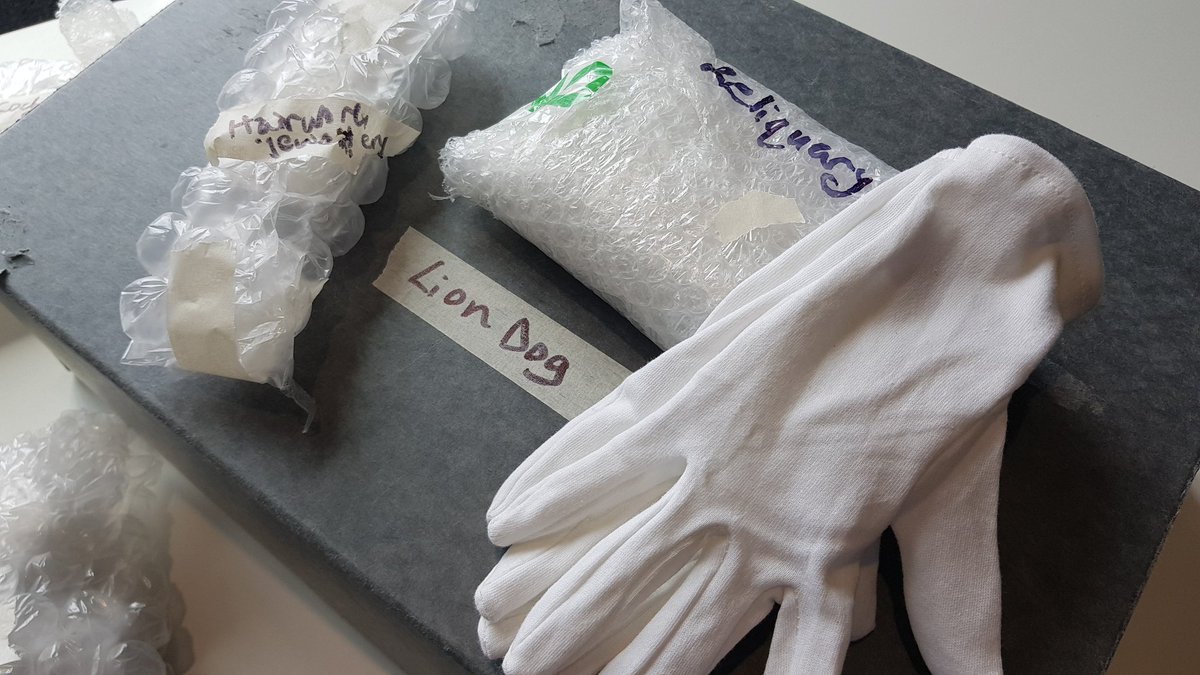 CultureQuine's tweet photo. You know you work with fab curators when they look out objects such as 'Hairwork Jewellery' and 'Lion Dog' for us to play with! 🤩 Time to get out the white gloves for #GraveGoods object handling at @AbdnArtMuseums #OurAberdeen https://t.co/IhSvNxl8FF