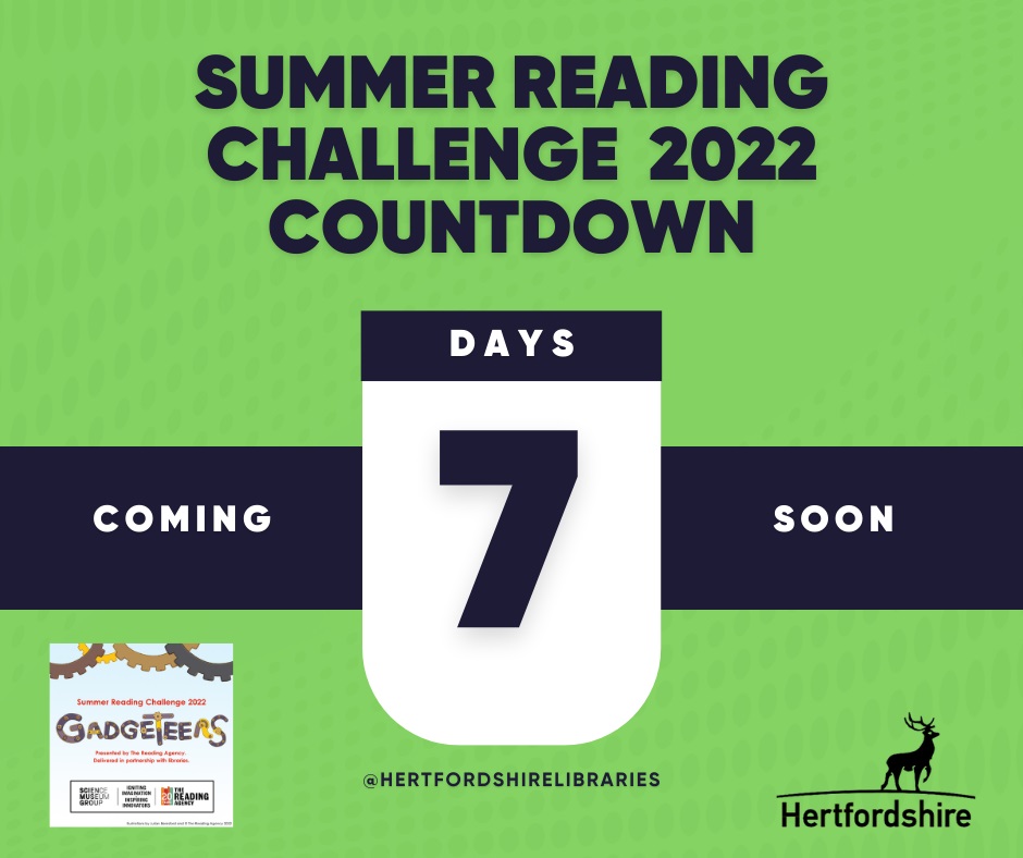 HertsLibraries's tweet photo. One week to go until the start of the Gadgeteers, Summer Reading Challenge 2022! 
 
Pop into your local library to find out more or visit  https://t.co/eKfuZhk26u

#summerreadingchallenge #Gadgeteers #LoveYourLibrary #YourLibraryOnline #Reading https://t.co/oWURnaE47R