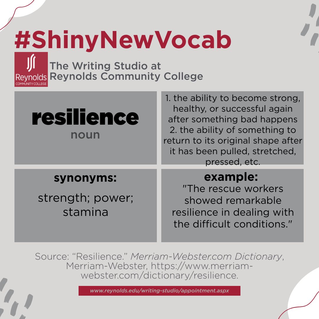 WritingReynolds's tweet image. Humans are naturally resilient creatures, which is a pretty hopeful fact when you&apos;re going through a rough patch. #createconsultcompose #reynoldscommunitycollege #reynoldswritingstudio #ShinyNewVocab