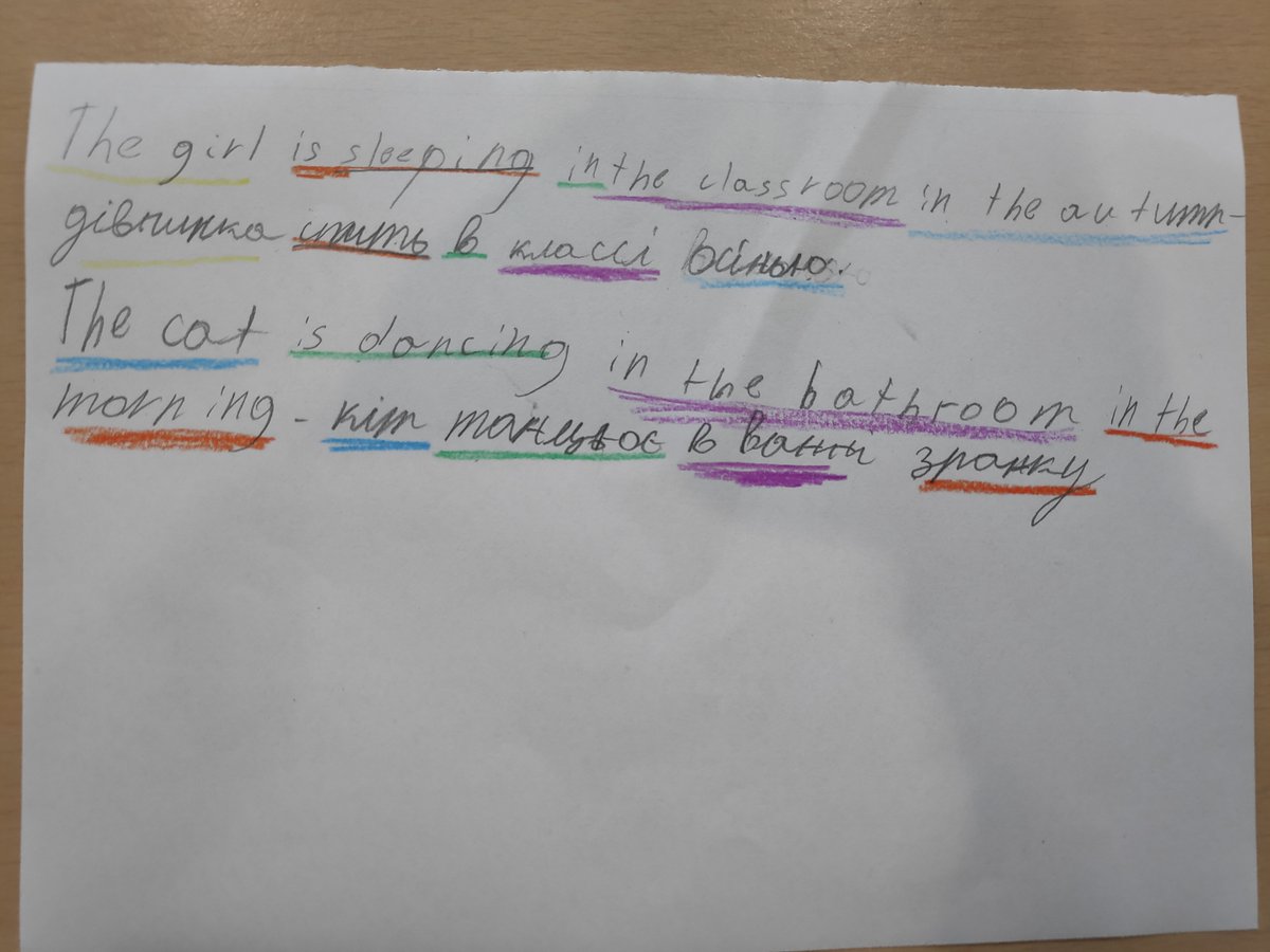 MissAmyEAL's tweet image. How does #sentencestructure look like in English and in a student&apos;s #homelanguage? We decided to use colours and make funny sentences to find out. The #language used here is Ukrainian. #multilingual #alllanguagesmatter #translanguaging