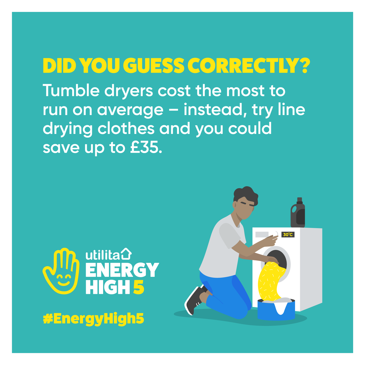 UtilitaEnergy's tweet photo. Virtual high 5 to 51% of you!✋ Ditch the tumble dryer this summer as they cost the most to run – you could save up to £35. 

For even more fun facts, join the #EnergyHigh5 movement at https://t.co/JU2BSShKyc https://t.co/z7bEde3zE2