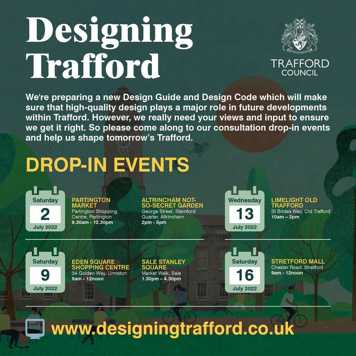 If you live, work, plan or design in Trafford or you’re just interested in what makes good design come along to one of our face to face consultation events and get involved. We want to hear as broad a range of views as possible. 

#design #designcode #consultation #Trafford