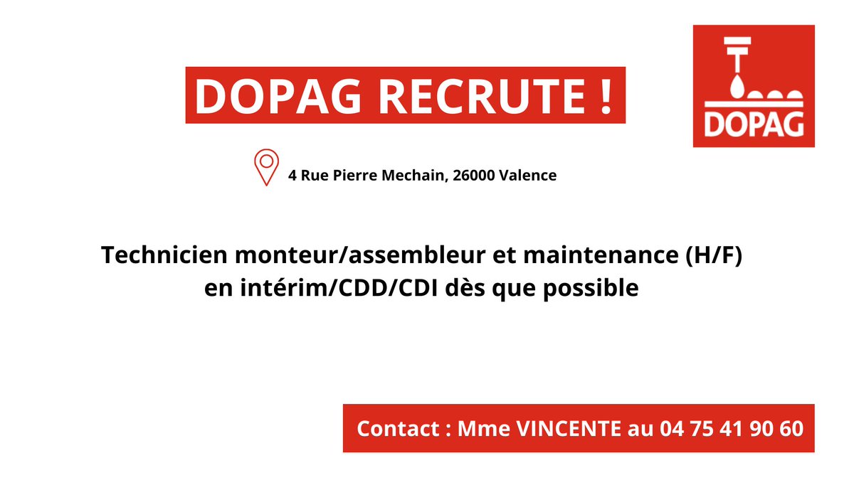 mlatv_'s tweet photo. [OFFRE D'EMPLOI] 📢

La société Dopag située à Valence est à la recherche de technicien monteur/assembleur et maintenance pour des contrats en intérim/CDD/CDI dès que possible.

Pour plus d'infos, merci de contacter Mme Vicente 04 75 41 90 60 📞
#recrutement #dopag #mlatv #emploi https://t.co/h8i6WguE97