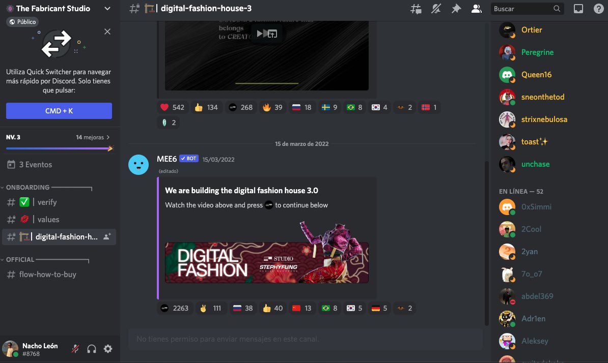 _nacholeon's tweet photo. @mynxx_eth @thefabricant @worldofwomennft Thanks @mynxx_eth but I can’t find on Discord, seems that doesn’t appear on mine… https://t.co/tkgMzQTo7d