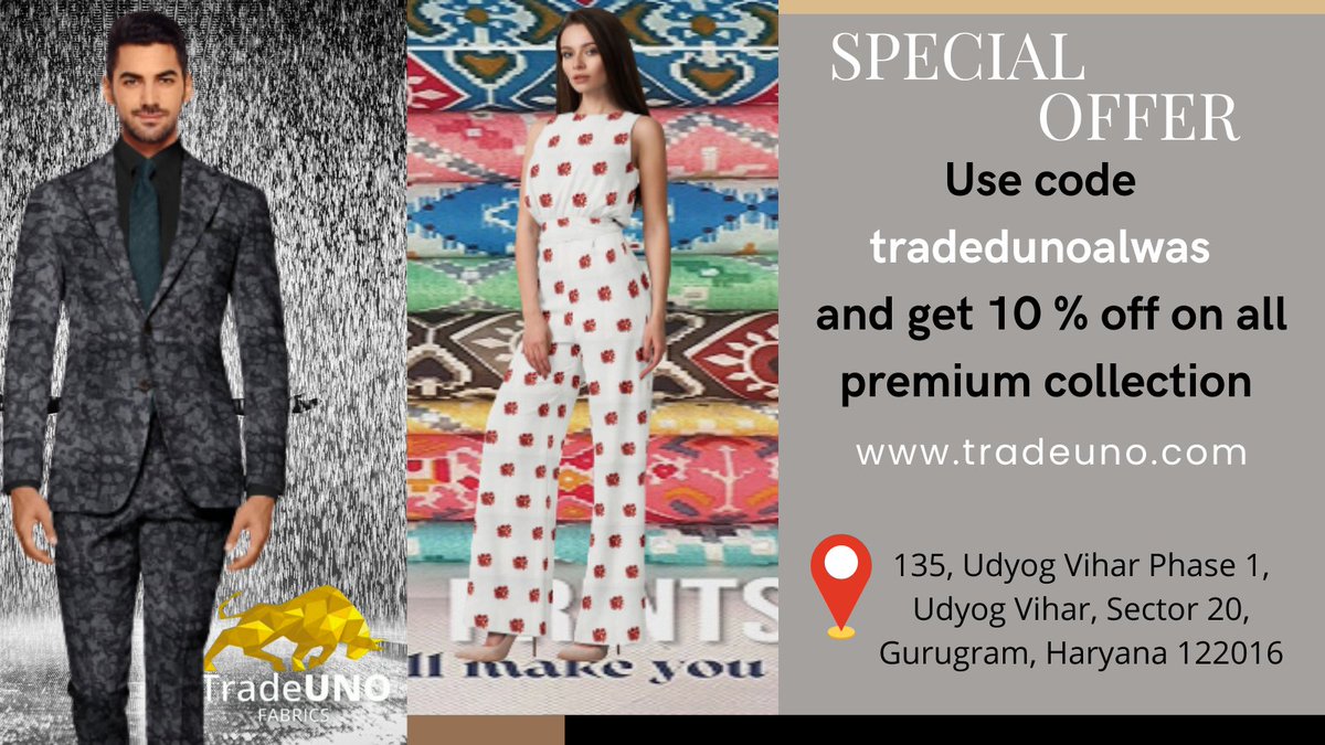 TradeUNO_India's tweet photo. We Have Special Offers For All Corporate Employees And Our Costumers Shop Fabric From Tradeuno And Get 10% Instant Off On It.
#India #fashionstyle #fashion #corporate #Special #offer #textile #clothing #womenfashion #fashionlover  #fashionweek #style #SocialMediaDay #outfit #CEO https://t.co/1DsyIhouLE