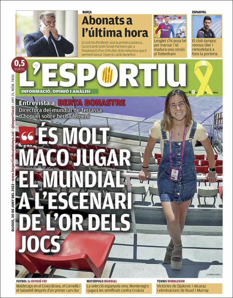 Les portades de la setmana de <a href="/lesportiuCAT/">L'Esportiu de Catalunya</a>. 
⚽️Dilluns: <a href="/Pablo_Torre10/">Pablo Torre</a>.
⚽️Dimarts: <a href="/FCBfemeni/">FC Barcelona Femení</a> a l'Eurocopa.
🦿Dimecres: <a href="/SaraGallego4v/">Sara Gallego</a>.
🏑Dijous: <a href="/bertabonastre/">Berta Bonastre</a>.  
No em cansaré de repetir-ho: quina meravella. La mirada àmplia que es mereix l'esport. 
GRÀCIES❤️ 
📸<a href="/lesportiuCAT/">L'Esportiu de Catalunya</a>.