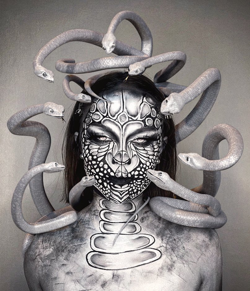orane_ae's tweet photo. J’ai fait un makeup serpent et mon frère a rajouté des serpents en 3D si c’est pas trop stylé de combiner nos talents 🤩 https://t.co/d4WFY6DRuh