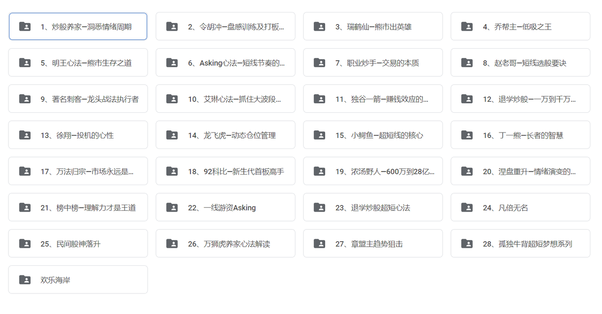 28位A股游资卷王心法

原来A股也有很多草根逆袭，几万本金干到千万上亿，能在癌股绞肉机里爬出来也是人才🤣，下面这些资料介绍了这些草根游资的心路和方法论，打法千奇百怪，共同点是都深谙人性之道。

关注、转载此条推文，私信我就发你。

这玩意淘宝tm的居然卖100多🤣