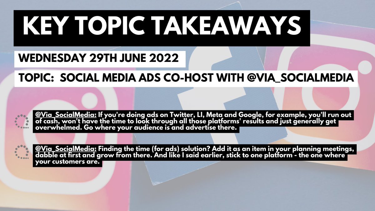SMESupportHour's tweet photo. Morning all! Here's some key #takeaways from last night's #SocialMedia #ad co-host with @Via_SocialMedia in case you missed it! 📱

Thank you for joining us Kirsten, and for sharing your top tips.

#SocialMediaAds #FacebookAds #InstaAds https://t.co/yFHI0OILRV