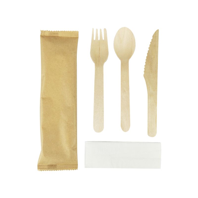 Wooden cutlery set, including wooden knife, wooden fork, wooden spoon and napkin, 4 in 1.