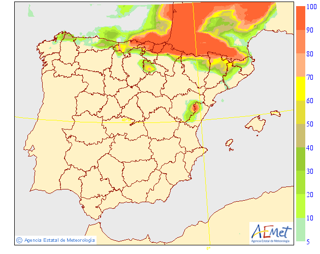 AEMET_Esp's tweet image. Probabilidad de #precipitación SUPERIOR A 2 MM esperada hoy en #Península y #Baleares, a partir del EPS del Centro Europeo. Más info en aemet.es/es/eltiempo/pr…