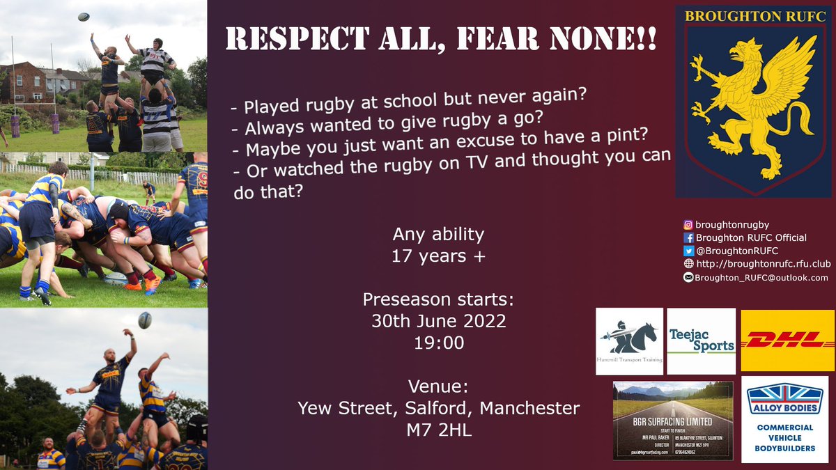 Respect All, Fear None!!

Rugby is coming back to Yew Street, where new head coach Chris is putting the lads through their paces.

💥 New Head Coach
💥 New League
💥 30th June 2022
💥19:00
💥 Yew Street, Salford M7 2HL