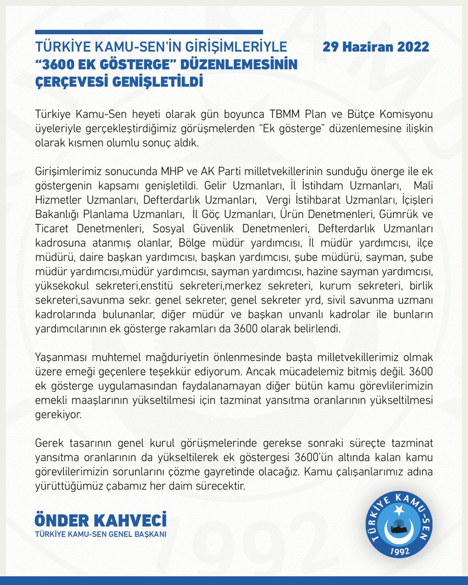 Kamu_Sen's tweet photo. Türkiye Kamu-Sen'in girişimleriyle “3600 Ek gösterge” düzenlemesinin çerçevesi genişletildi.

#3600ekgösterge @OnderKahveci https://t.co/JAmqfjILxm