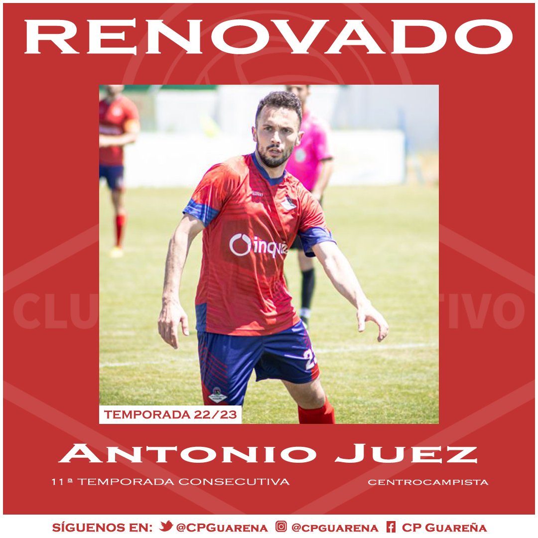 CPGuarena's tweet photo. ✅ 𝗥𝗘𝗡𝗢𝗩𝗔𝗗𝗢 |

@antoniojuez3 seguirá en el CP Guareña durante la temporada 22/23. 

➡️ Esta será la 11ª campaña en el club para nuestro 3º Capitán

➡️ Despliegue físico y sacrificio al servicio del equipo

¡Enhorabuena!

#AntonioSeQueda | #VamosCPG ❤ https://t.co/9Iy1vab69k