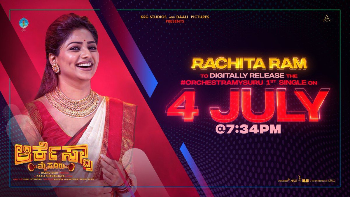 Dimple Queen 'Rachita Ram' to Digitally release the First song of 'Orchestra Mysuru' on 4th July by 7:34PM💥

#OrchestraMysuru #FirstSingle #DimpleQueen #RachitaRam @RachitaRamDQ #Dhananjaya @Dhananjayaka #BennyDayal #SiddharthaBelmannu 
@Raghu_Dixit @KFNofficial @MangoKannada