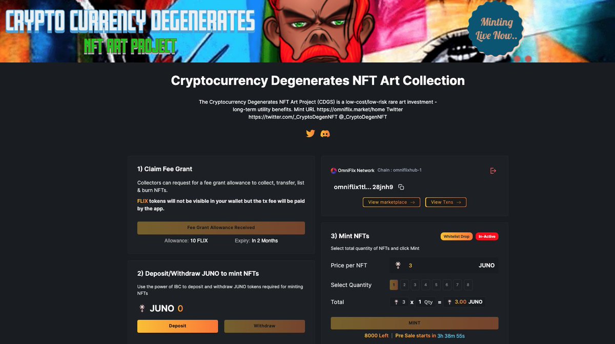 📢MINT WEBSITE UPDATE: The Whitelist sale will commence on 30 June 08:00 EDT / Public sale will automatically start 24 hours later 1 July 08:00 EDT🌈
<a href="/cosmos/">Cosmos - The Interchain ⚛️</a> @OmniFlixNetwork @NotsNfts @DaveCosmonaut <a href="/CosmosNFTs_/">CosmosNFTs</a>  #NFTs #NFTLaunch #NFTCommunity 
cryptocurrencydegeneratesnft.xyz
