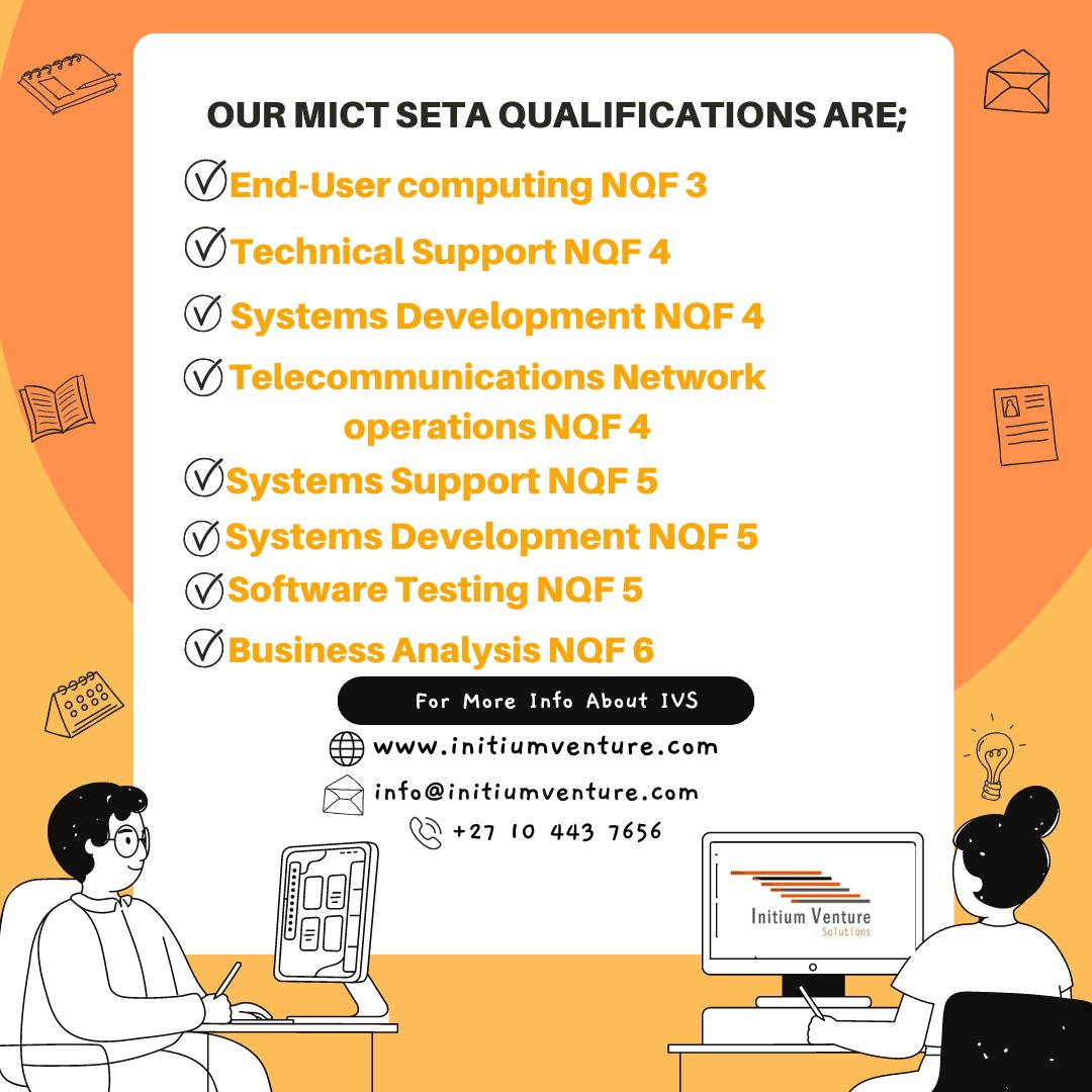 InitiumVenture's tweet photo. Media, Information and Communication Technologies Sector Education and Training Authority (MICT SETA) Qualififications That We Provide.
#ShapingSkills
#EmpoweringFutures
#initiumventuresolutions https://t.co/3CzFtbvdUw