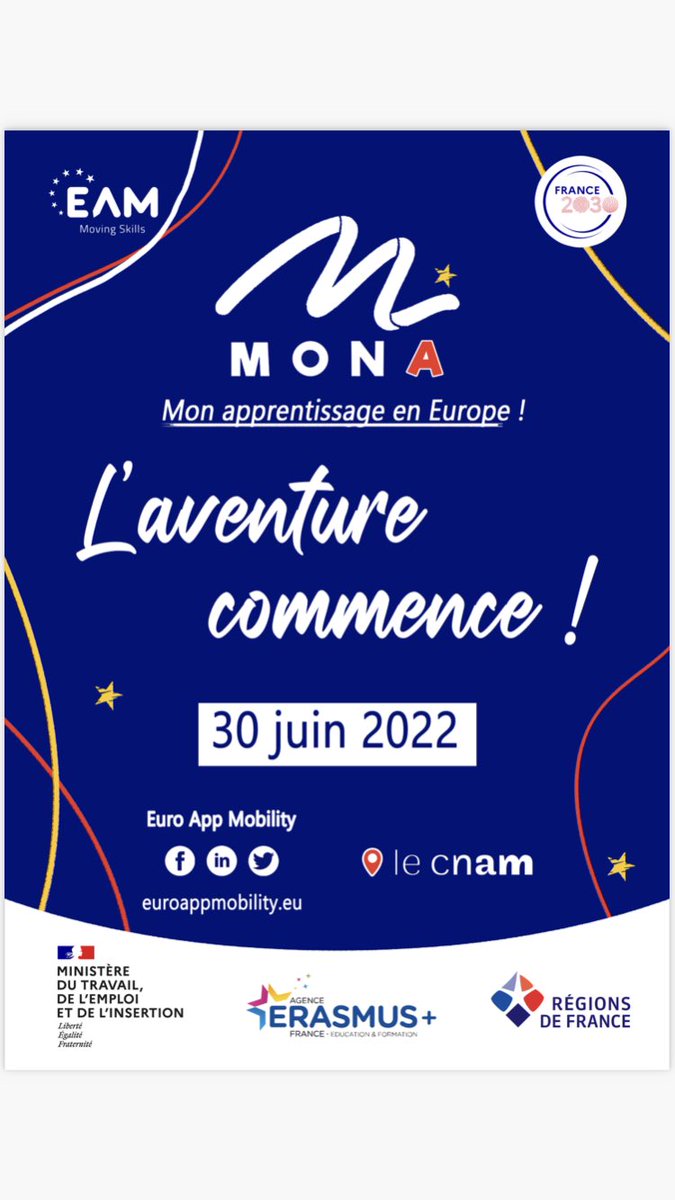 Euro App Mobility (@ea_mobility) on Twitter photo « #Mona doit permettre de prototyper un dispositif de #mobilité 🇪🇺 pour tous les apprenants professionnels. » <a href="/JeanArthuis/">Jean Arthuis</a> président d’<a href="/ea_mobility/">Euro App Mobility</a> introduit les échanges. L’aventure #Mona commence aujourd’hui au <a href="/LeCnam/">Le Cnam</a> ! 🇪🇺 « #Mona doit permettre de prototyper un dispositif de #mobilité 🇪🇺 pour tous les apprenants professionnels. » <a href="/JeanArthuis/">Jean Arthuis</a> président d’<a href="/ea_mobility/">Euro App Mobility</a> introduit les échanges. L’aventure #Mona commence aujourd’hui au <a href="/LeCnam/">Le Cnam</a> ! 🇪🇺