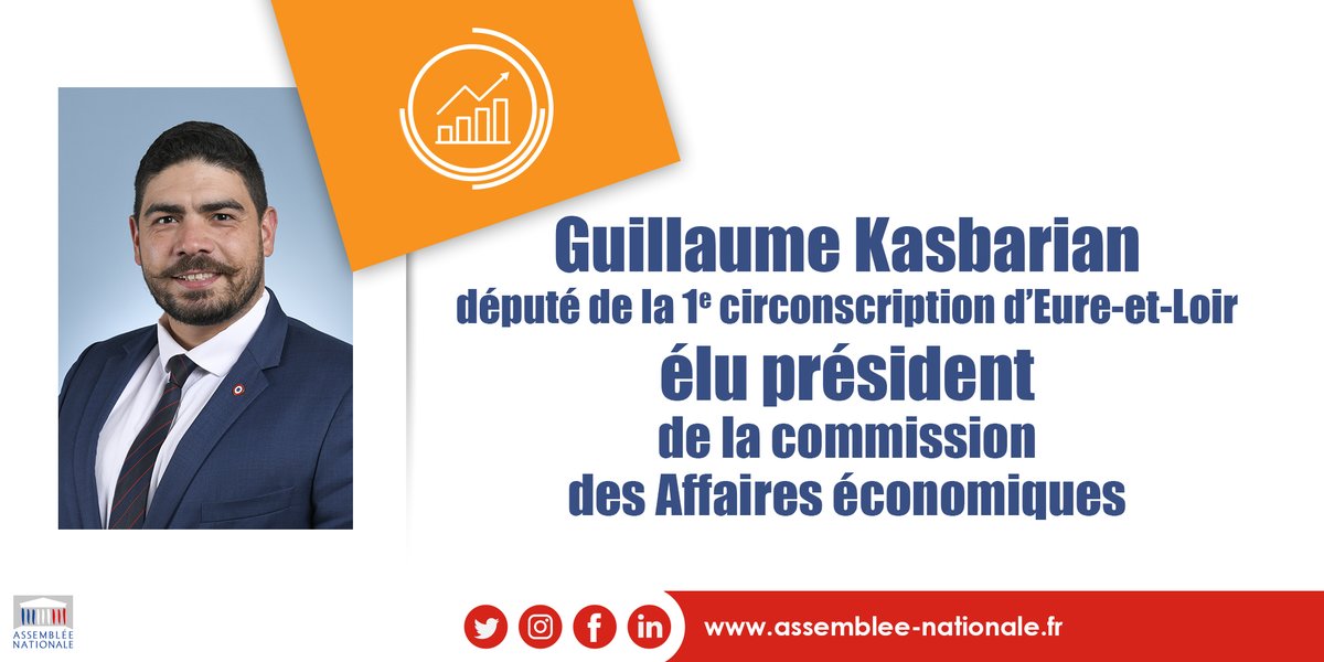 📣 Est élu président de la commission des affaires économiques : Guillaume Kasbarian, député de la 1ère circonscription d’Eure-et-Loir, membre du groupe "Renaissance".
#DirectAN