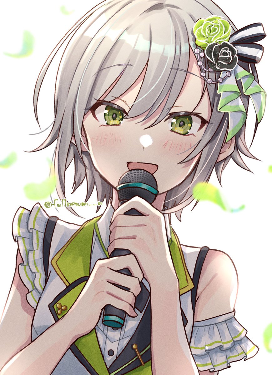 1girl solo microphone holding microphone holding hair ornament green eyes  illustration images