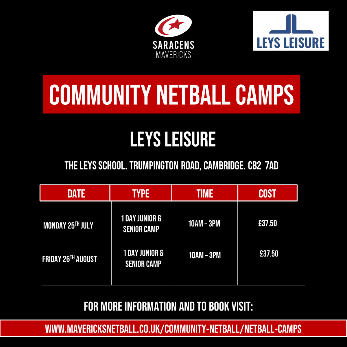 LDNMavericks's tweet image. ☀️ 𝒮𝒰𝑀𝑀𝐸𝑅 𝒩𝐸𝒯𝐵𝒜𝐿𝐿 𝒞𝒜𝑀𝒫𝒮

We are back in #Cambs at @LeysLeisure delivering Junior &amp;amp; Senior Camps by our amazing @MavericksNpl Pathway Coaches so make sure you sign up!

👉 bit.ly/34OHaqR

#BeAMaverick⚫🔴 #SummerCamps #FunTimes
