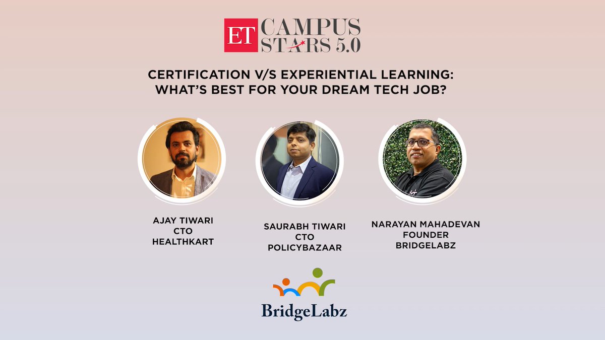 ETCampusStars's tweet photo. Streaming Now | How can students in tech become job-ready? Watch experts discuss how certifications & experiential learning can help one carve out a career in tech.
Join Now: https://t.co/ZyrfOz5CcD
Employability Partner @BridgeLabz
#ETCS #MentorClass #TechTalent #Skills https://t.co/N4fz6gfVZn