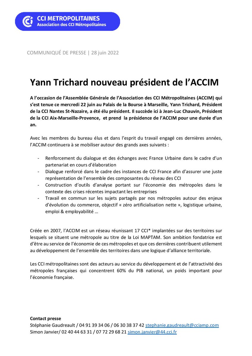 [#Presse] @Yann_Trichard succède à <a href="/chauvinjl/">chauvin jean luc</a> à la présidence de l'<a href="/AssoCCiM/">CCI Métropolitaines</a> 🤝
✅Renforcement du dialogue avec <a href="/France_urbaine/">France urbaine</a> 
✅Représentation de l'éco des métropoles
✅Constructions d'outils d'analyse

Communiqué 👉bit.ly/3OMkZTC