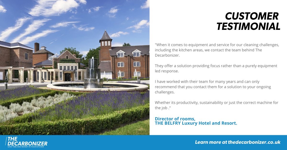 decarbonizerUK's tweet photo. When we say The Decarbonizer and our other hospitality cleaning machines are good, don't just take our word for it.
Take the word of award-winning hotel The Belfry.
#decarbonizer #belfry #hospitality #cleaningmachines #hotels #testimonial #customerservice https://t.co/xOcnxK2FvX