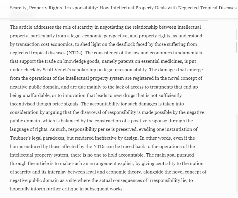 Recently added to Online first - and open access! 

Scarcity, Property Rights, Irresponsibility: How Intellectual Property Deals with Neglected Tropical Diseases 

by Daniel Pinheiro Astone

link.springer.com/article/10.100…