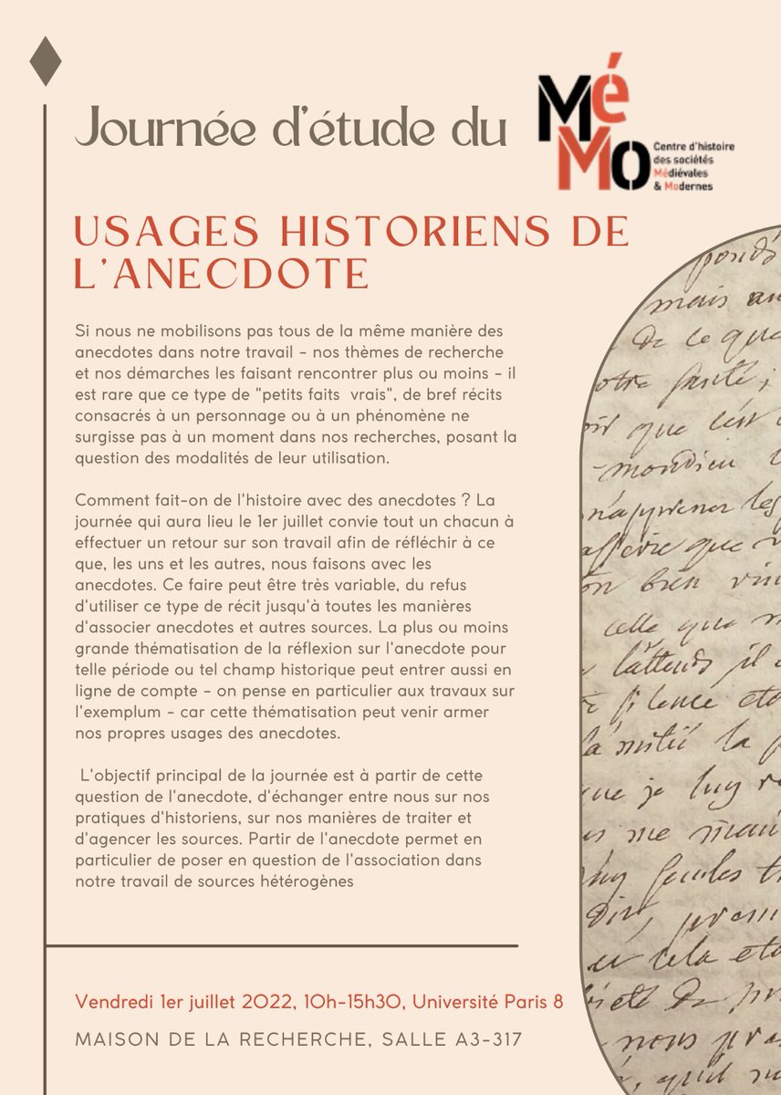 🥁Journée d’étude du MéMo, "Usages historiens de l'anecdote" à <a href="/UnivParis8/">Université Paris 8</a> demain 1er juillet de 10h à 15h30

👇La présentation de la journée