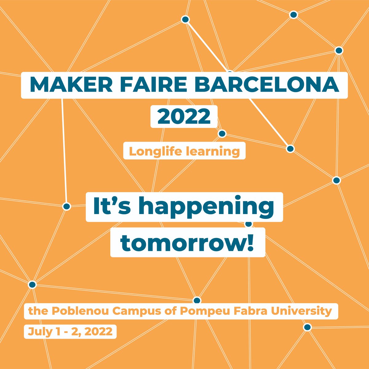 #MakerfaireBCN22 is happening tomorrow! COME

#MakerFaire is the largest celebration of invention, creativity, curiosity & hands on learning.

A meeting of engineers, artists, coders, scientists and garage inventors you can't miss. 

📍@upfbarcelona on Friday - Saturday, July 1-2 