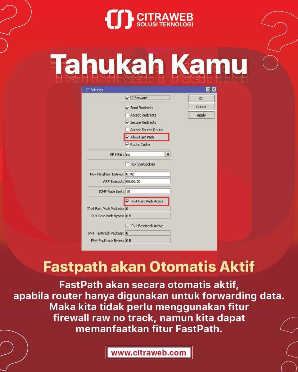 mikrotik_id's tweet image. Fitur FastPath ini secara otomatis akan digunakan jika memenuhi beberapa kriteria, yaitu : Connection-tracking tidak aktif, tidak terdapat konfigurasi Firewall, MESH, Queue, tool Sniffer, Torch, serta Traffic Generator tidak sedang dalam kondisi Running.

#FastPath #MikroTik