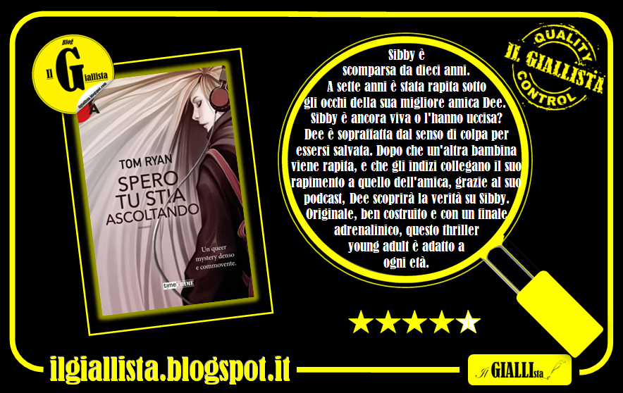 GiallistaIl's tweet photo. #RecensioneFlash su #IlGiallista:
#SperoTuStiaAscoltando di @tomryanauthor, edito da @Time_Crime, @fanuccieditore.
https://t.co/6OX5DLQfoU https://t.co/GPyCaEmtuy