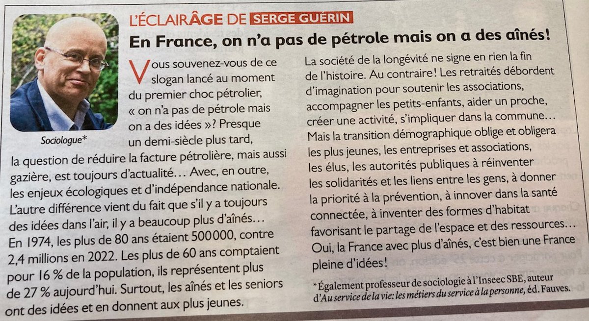 Serge Guérin (@guerin_serge) on Twitter photo Ma chronique du mois in <a href="/NotreTemps/">Notre Temps</a> : En France on a pas de #pétrole mais on a des #aînés ! Un slogan #vintage pour rappeler que la #société de la #longévité peut être un levier d'#innovations au service du #care et de la double #transition #écologique et #démographique Urgence ! Ma chronique du mois in <a href="/NotreTemps/">Notre Temps</a> : En France on a pas de #pétrole mais on a des #aînés ! Un slogan #vintage pour rappeler que la #société de la #longévité peut être un levier d'#innovations au service du #care et de la double #transition #écologique et #démographique Urgence !