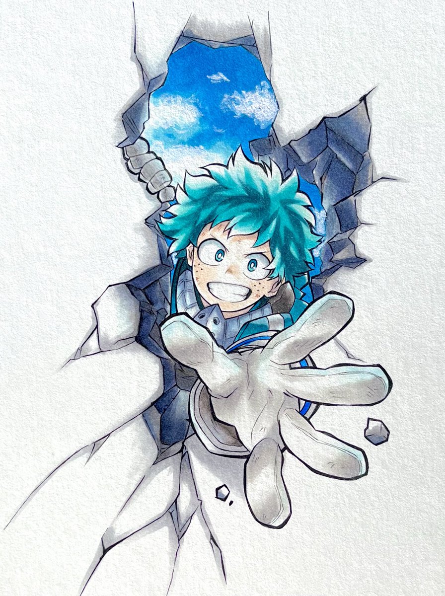 midoriya izuku 1boy freckles male focus gloves green hair solo smile  illustration images