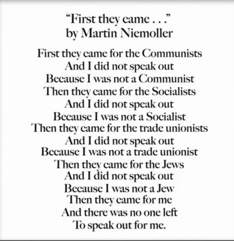 UnSecretLesbian's tweet photo. Pastor Martin Niemöller's poem after the Second World War should teach us something.

Why do we never learn from history? People are pitted against each other, when the true enemy is hate. We are stronger together. 🏳️‍🌈 🏳️‍⚧️✊🏿♀️🌍 https://t.co/Xc0r4fjdXR