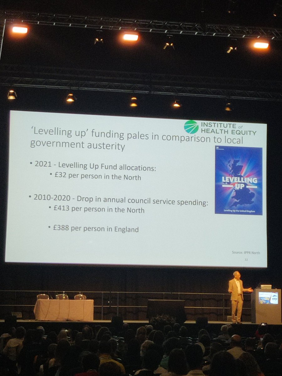 jamiescuffell's tweet photo. @MichaelMarmot : Levelling up fund gives £32 per head to the north, on a background of a £413 cut since 2010. Ignore social determinants at our peril! #woncaeurope2022 https://t.co/Hdn21iBXEK
