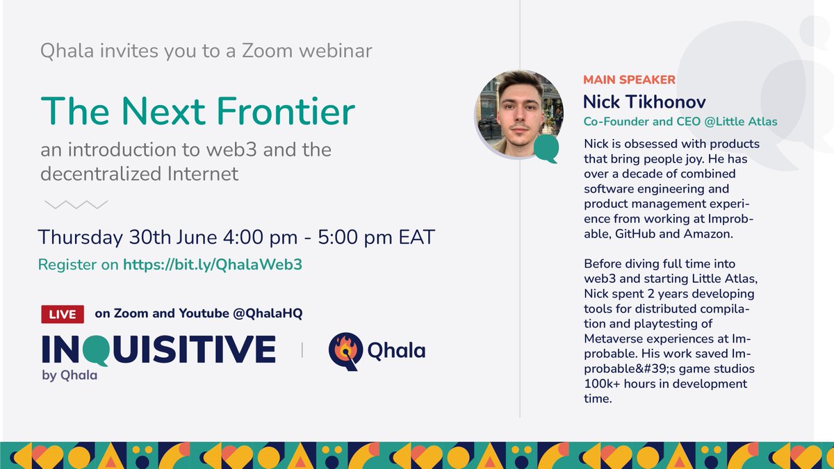 QhalaHQ's tweet photo. Join us today, 4 PM- 5 PM, for this discussion on Web 3 by @NFTikhonov , the Co-Founder, and CEO of @littleatlas_xyz .
Register here: https://t.co/CJlqyLr7GK
#Web3 #TransformWithQhala #InnovateWithQhala #Inquisitive https://t.co/aUgoX2Pgts