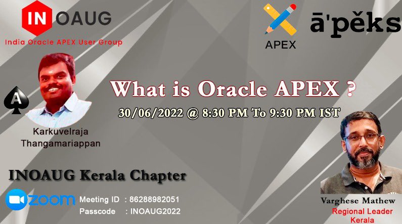 varghese0905's tweet photo. Don't miss the chance .Today 30/06/2022 @ 8:30 pm IST INOAUG Free Training Oracle APEX  #orclapex #oracleAPEXIndia #oracleAPEXAPAC
#inoaug https://t.co/LE8dnoyjBK
