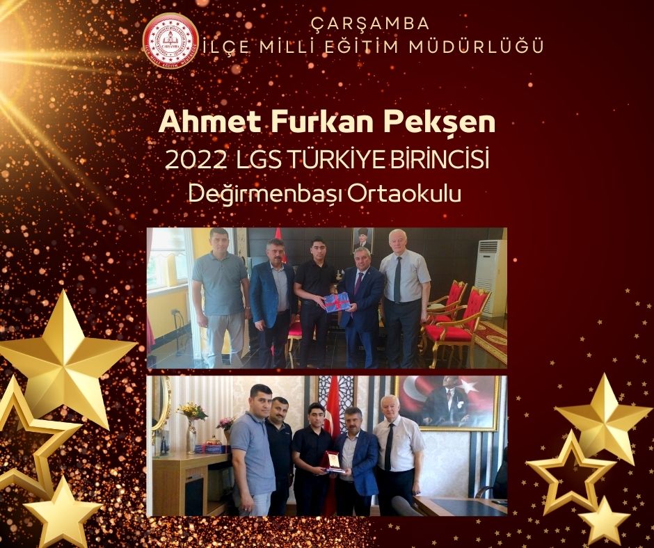 <a href="/degirmenbasi55/">Çarşamba Değirmenbaşı Ortaokulu</a> öğrencisi Ahmet Furkan Pekşen, LGS sınavını sıfır hata, 500 tam puan ile tamamlayarak TÜRKİYE BİRİNCİSİ oldu. İlçe Kaymakamımız Doç. Dr. Sn. Şükrü Yıldırım ve İlçe Milli Eğitim Müdürümüz Sn. <a href="/MustafaOzdmr55/">Mustafa Özdemir</a> öğrencimize hediye ve plaketlerini verdi. <a href="/samsunmem/">Samsun İl Milli Eğitim Müdürlüğü</a>++