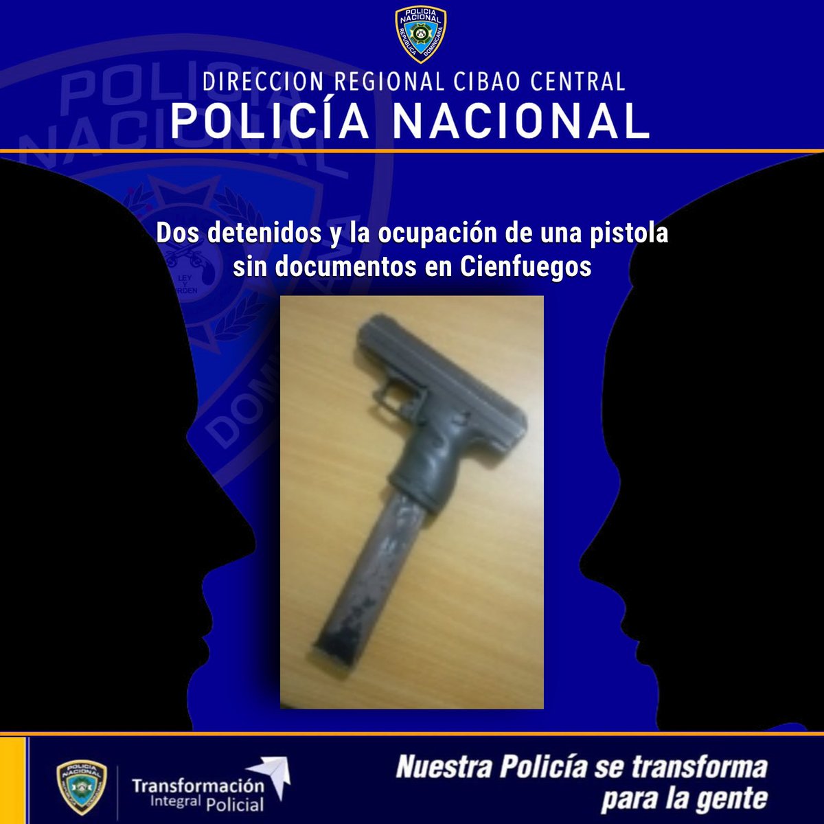 Labores <a href="/PoliciaRD/">Policía Nacional República Dominicana</a> #CibaoCentral #Santiago #Cienfuegos dejan como resultado dos detenidos y la ocupación de una pistola sin documentos.
<a href="/pesqueiradiego/">Diego Pesqueira</a> <a href="/gabrielmercedez/">Gabriel Mercedes</a> @Leo55615348 <a href="/alexandergara21/">Alejandro García</a> <a href="/nuriapiera/">N Digital</a> <a href="/donfelixSPM/">Félix Victorino</a> <a href="/cachicha/">cachicha</a> <a href="/ListinDiario/">LISTÍN DIARIO</a> <a href="/DiarioLibre/">Diario Libre</a> <a href="/rcavada/">RCNoticias</a>