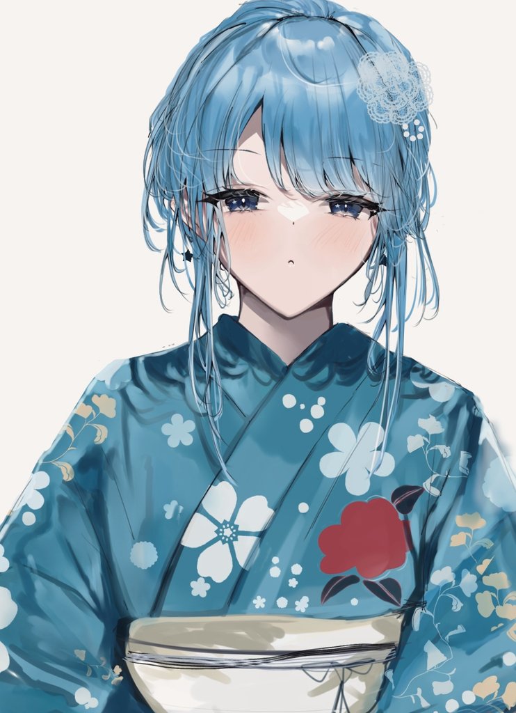 hoshimachi suisei 1girl japanese clothes solo kimono blue hair white background blue eyes  illustration images
