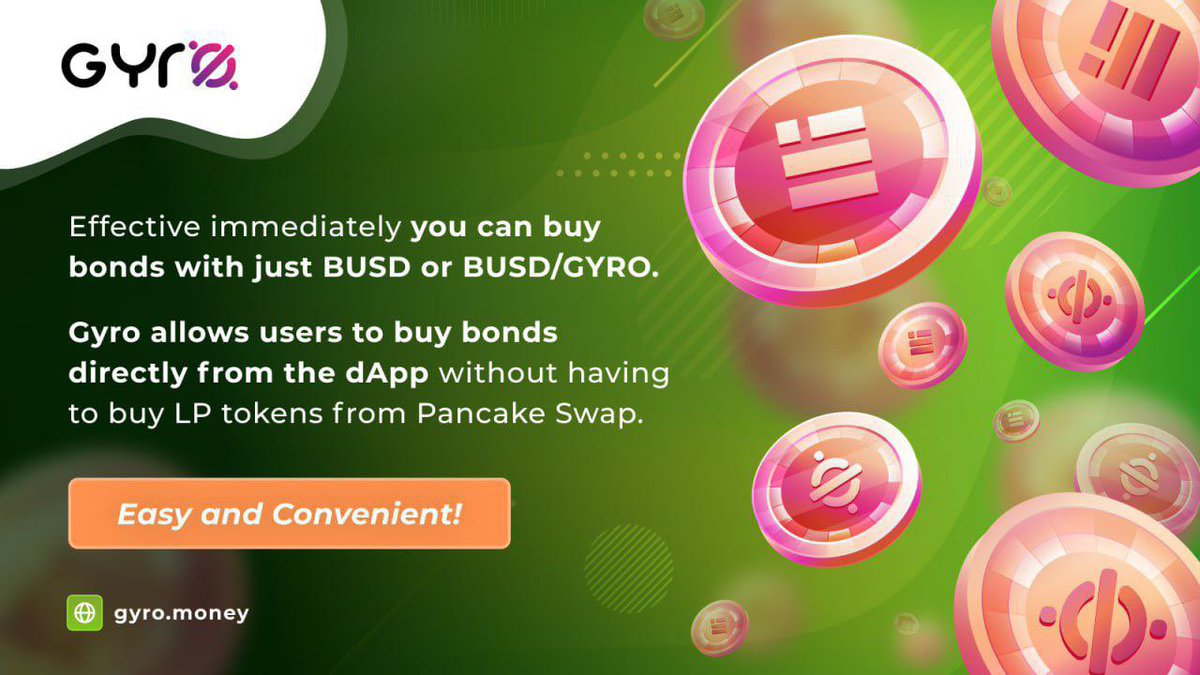 <a href="/CryptoEmdarks/">Crypto Emdarks 📈🚀</a> <a href="/GyroDAO/">Gyro</a> $GYRO #veGYRO 

Dapp live:
🧬 app.gyro.money

💰Earn rewards with staking &amp; voting on bonds with $GYRO
Currently on our pools:
🚨USDD
🚨BUSD
🚨USDT

🟣low supply
🟣No tax
🟣Sustainable rewards system

More info 👇🏻

t.me/GyroDAO

#veGYRO