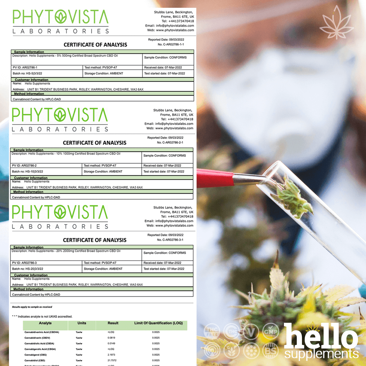 hellosupps's tweet image. 🟢 UK Laboratory Tested &amp;amp; Certified CBD Oil
All our CBD products have been tested &amp;amp; certified by PhytoVista Laboratories, one of the most experienced and recognized CBD &amp;amp; Cannabis testing laboratories in the UK, offering only the highest-grade certified CBD.