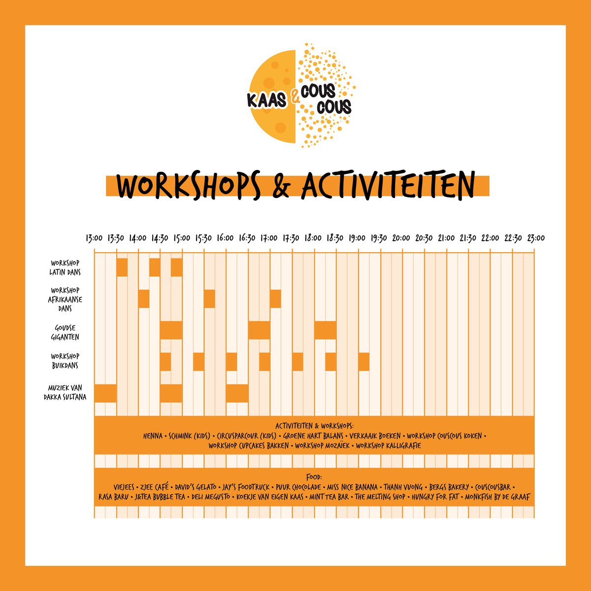 Wie, wat, waar, wanneer? Laaf je aan de timetable van Kaas &amp; Couscous Festival!

#goudaopenair #gouda750 #blokkenschema #gouda #massevents #kaasencouscous #groenhovenpark #festival
