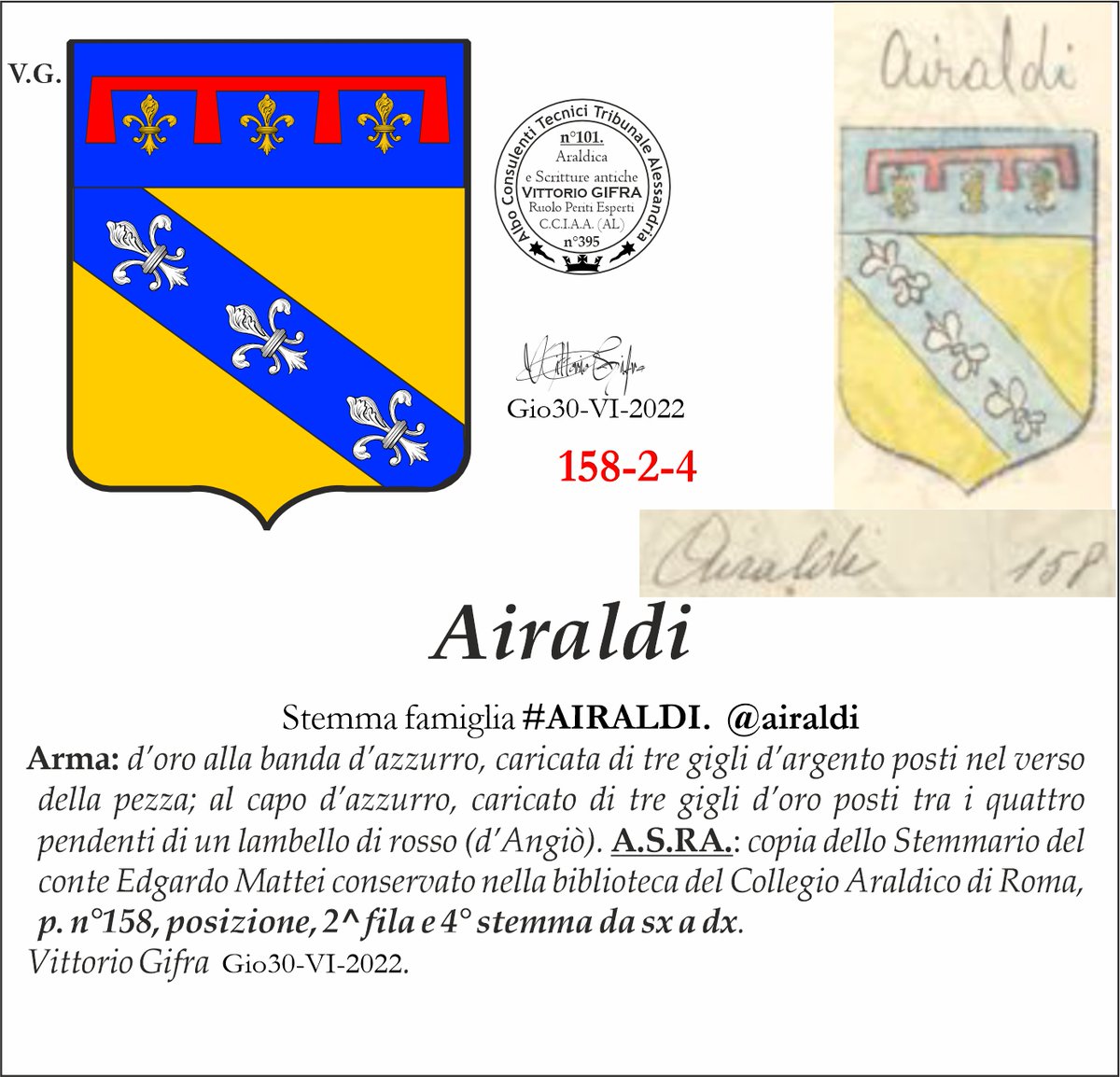 VGIFRA's tweet photo. Stemma famiglia #AIRALDI. @airaldi
A.S.RA.: copia dello Stemmario del conte Edgardo Mattei conservato nella biblioteca del Collegio Araldico di Roma, p. n°158, posizione, 2^ fila e 4° stemma da sx a dx. Vittorio Gifra Gio30-VI-2022. https://t.co/bylTI4O4Dr