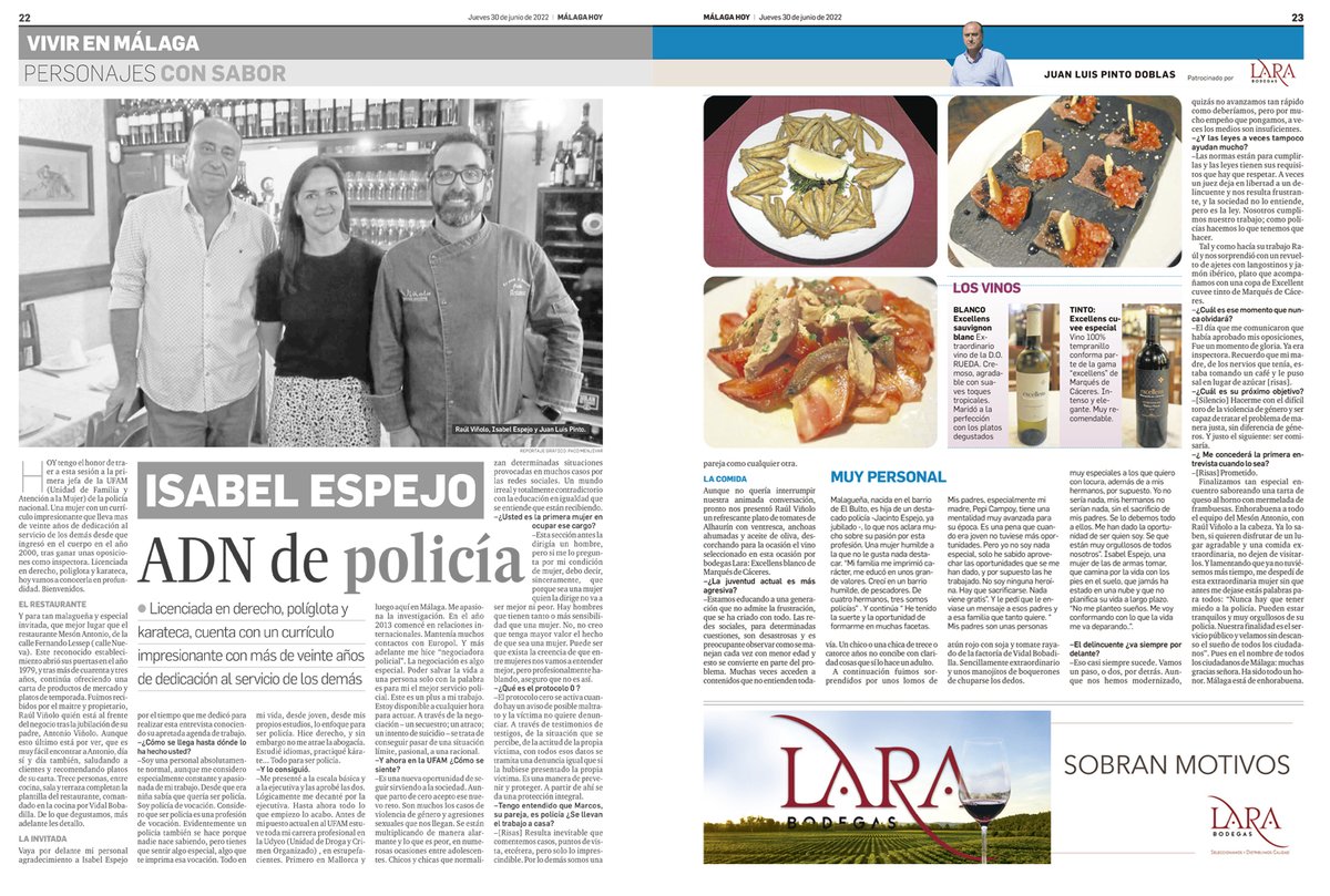 Bodegas Lara (@bodegaslara) on Twitter photo Entrevista PERSONAJE CON SABOR, de <a href="/juanluispintod/">Juan Luis Pinto</a> a Isabel Espejo, jefa de la #UFAM (Unidad de Familia y Atención a la Mujer) de la policía nacional.
Realizada en <a href="/MesonAntonio/">Meson Antonio Málaga</a> con los vinos de Excellens blanco y Cuvé Especial de @Marques_Caceres
<a href="/malagahoy_es/">Málaga Hoy</a> Entrevista PERSONAJE CON SABOR, de <a href="/juanluispintod/">Juan Luis Pinto</a> a Isabel Espejo, jefa de la #UFAM (Unidad de Familia y Atención a la Mujer) de la policía nacional.
Realizada en <a href="/MesonAntonio/">Meson Antonio Málaga</a> con los vinos de Excellens blanco y Cuvé Especial de @Marques_Caceres
<a href="/malagahoy_es/">Málaga Hoy</a>